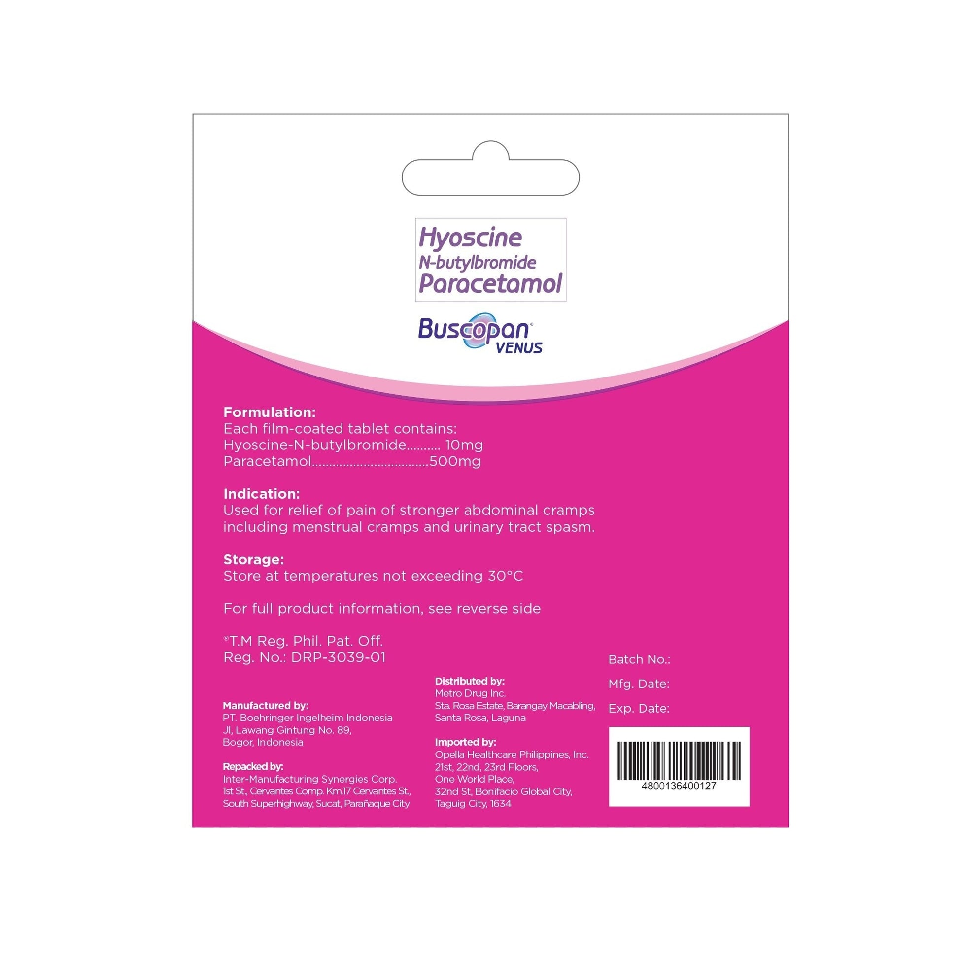 Buscopan Venus (Hyoscine + N-butylbromide + Paracetamol) 4 Film-coated Tablet